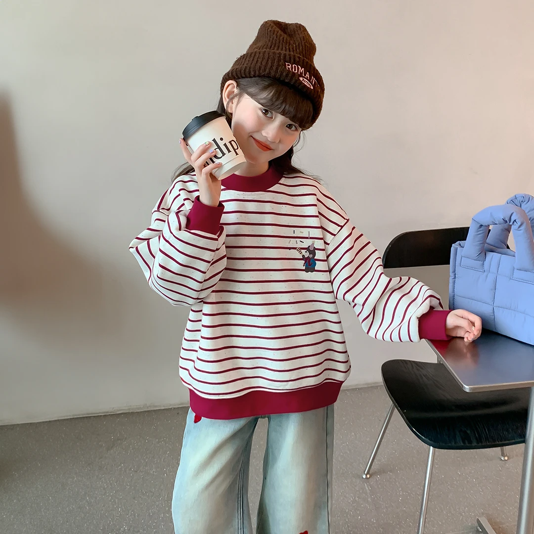 女童冬装新款卫衣2025冬季休闲风条纹撞色设计加绒保暖卫衣Q12960