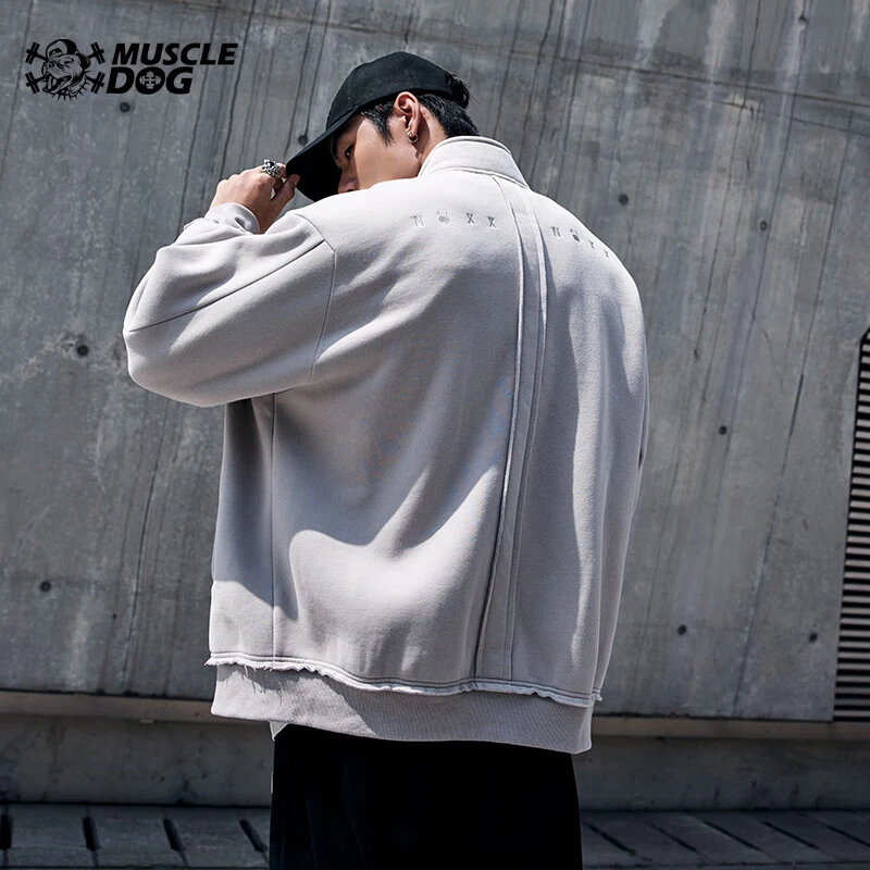 Muscledog肌肉狗春秋美式针织开衫加绒绣花拉链立领夹克运动休闲