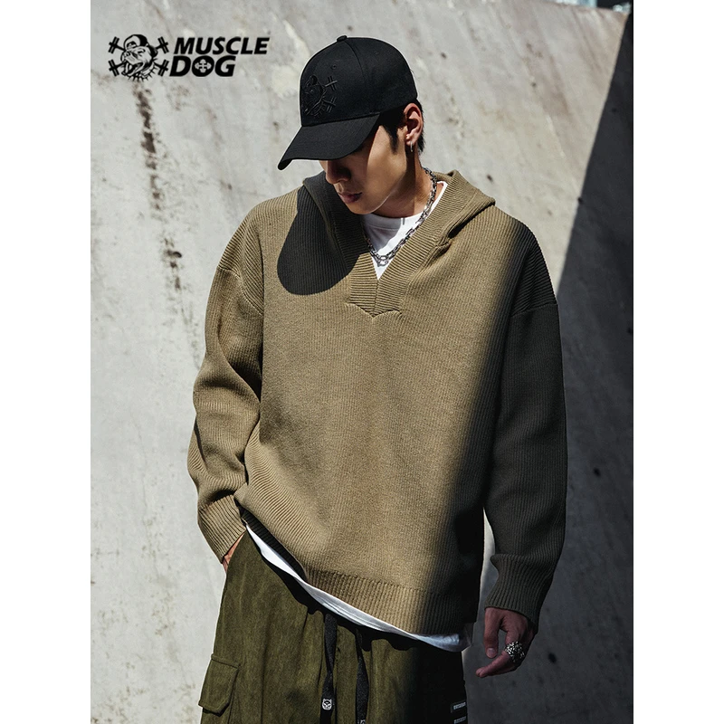 肌肉狗 冬季新款潮流百搭连帽针织衫上衣宽松厚实保暖套头毛衣男