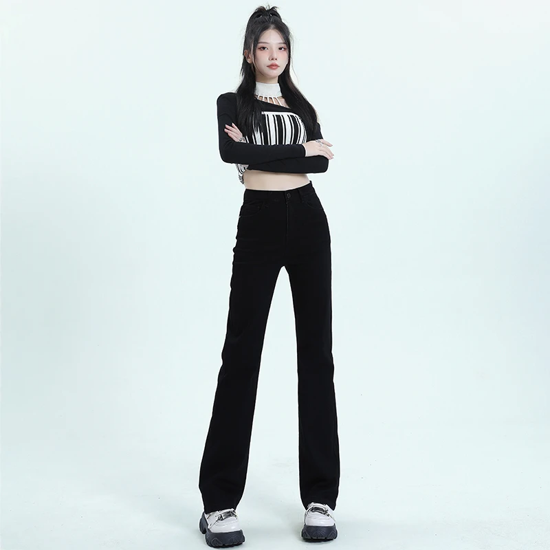 KALEELEMENT/卡乐元素黑色秋季新款YKK超柔弹力窄版直筒牛仔裤女