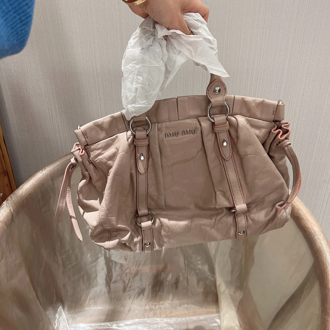 95新 MIU MIU/缪缪 稀有粉银油蜡皮中古包手提斜挎两用 原装肩带