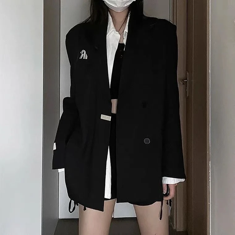 高级设计感黑色西装外套女2025春新款小众廓形中长款ins西服
