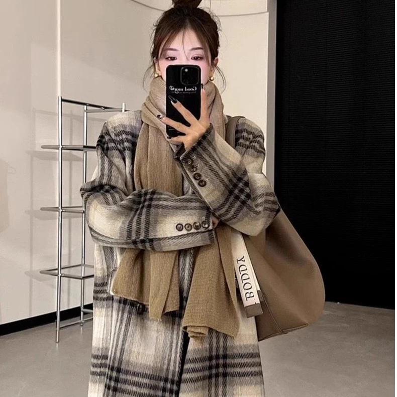 【TheVine专属】2023新款加棉加厚呢大衣女韩系格子长款羊毛呢外套