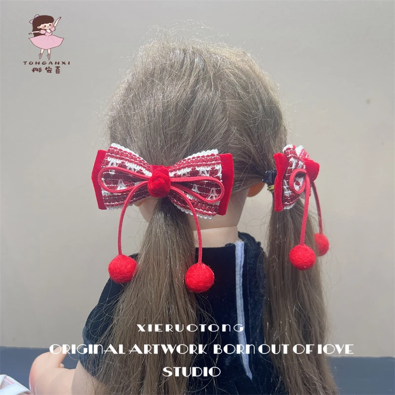 红色对夹蝴蝶结儿童国风发夹女孩汉服头饰可爱宝宝过年丸子头发饰