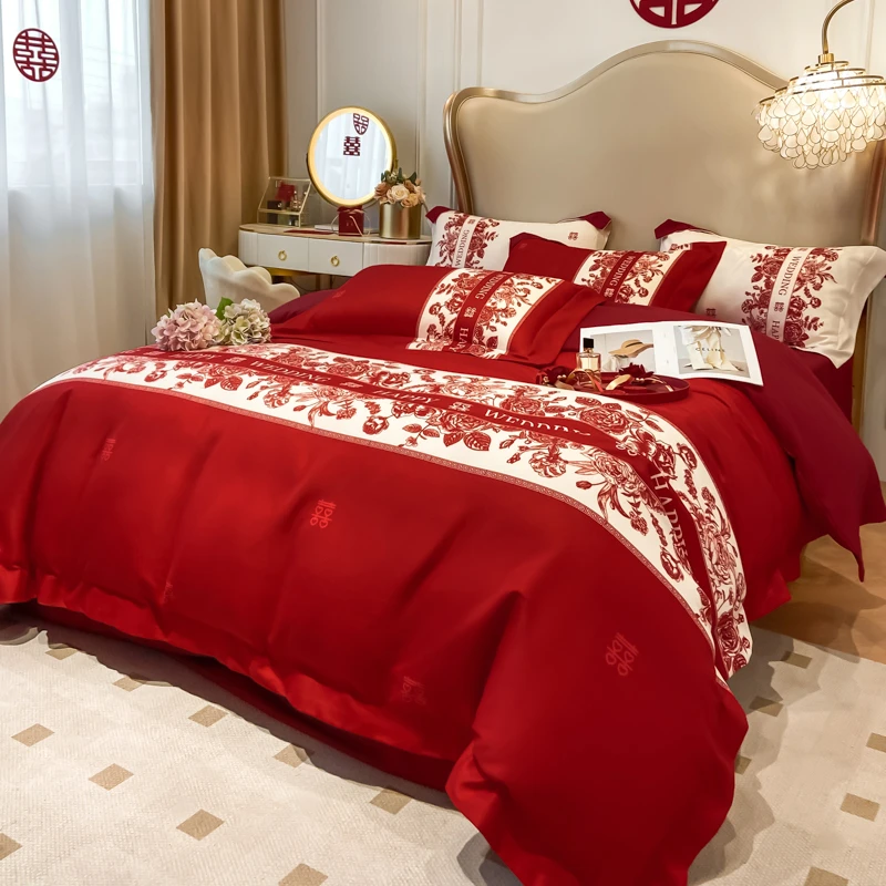 轻奢结婚四件套中式印花高级感红色被套喜庆新婚婚庆陪嫁床上用品