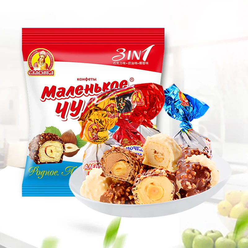 俄罗斯进口斯拉夫小神奇奶罐整颗榛仁夹心巧克力混合糖果休闲零食