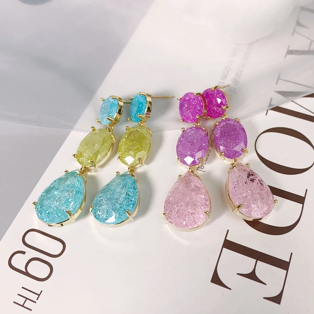 铜合金合成锆石耳饰 轻奢撞色超仙冰裂纹冰花锆石S925银针耳环