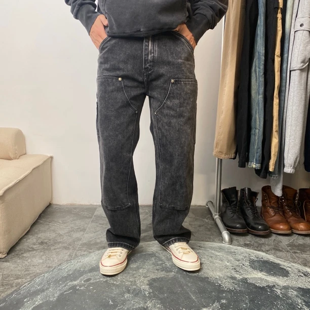 重磅复古水洗牛仔裤男士加厚多口袋宽松阔腿裤伐木裤直筒裤 5036