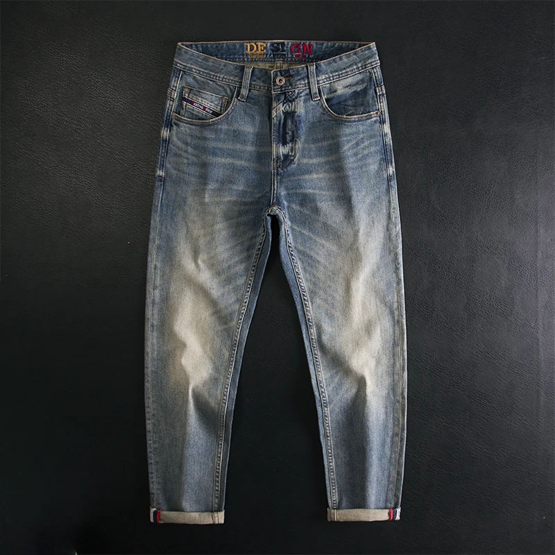高端经典潮牌牛仔裤男士美式复古做旧修身小直筒弹力时尚潮流长裤