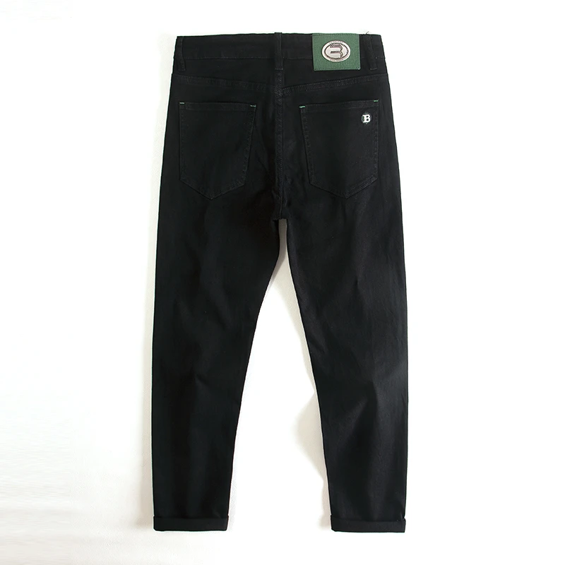 高端纯黑色牛仔裤男士秋季新款修身弹力简约百搭休闲刺绣欧货长裤