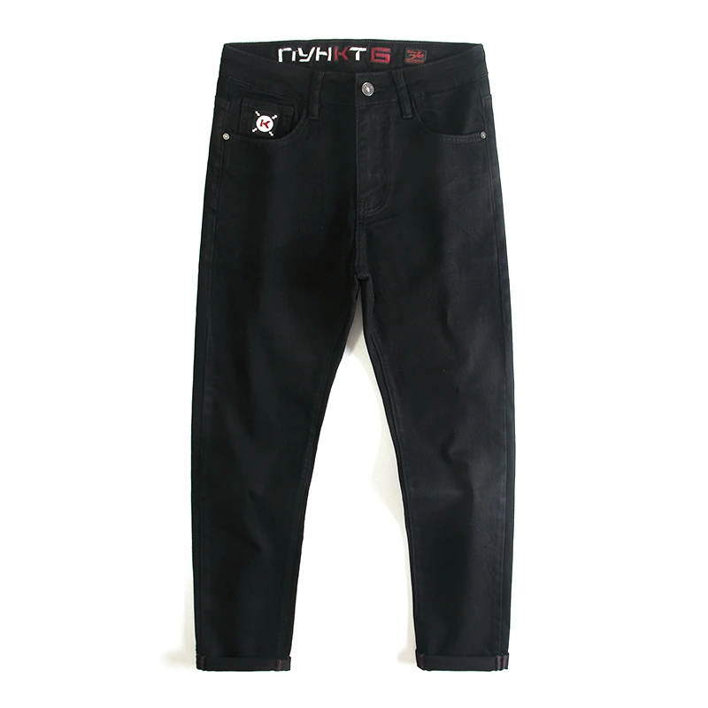 轻奢高品质纯黑色牛仔裤男修身小脚刺绣弹力简约百搭经典秋冬长裤