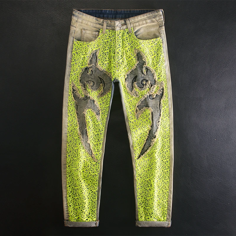 时尚个性撞色贴布刺绣牛仔裤男士拼接网格编织设计师款欧美潮流