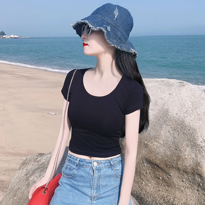 夏季韩系风黑色圆领露脐短款半袖T恤女棉质小个子独特超好看上衣