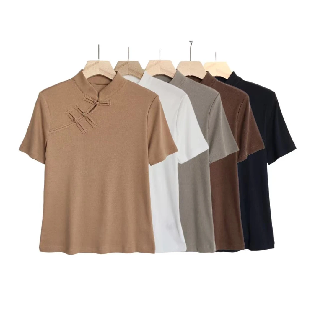 【HUAHUA 】新中式国风盘扣薄款短袖春季简约立领上衣6667