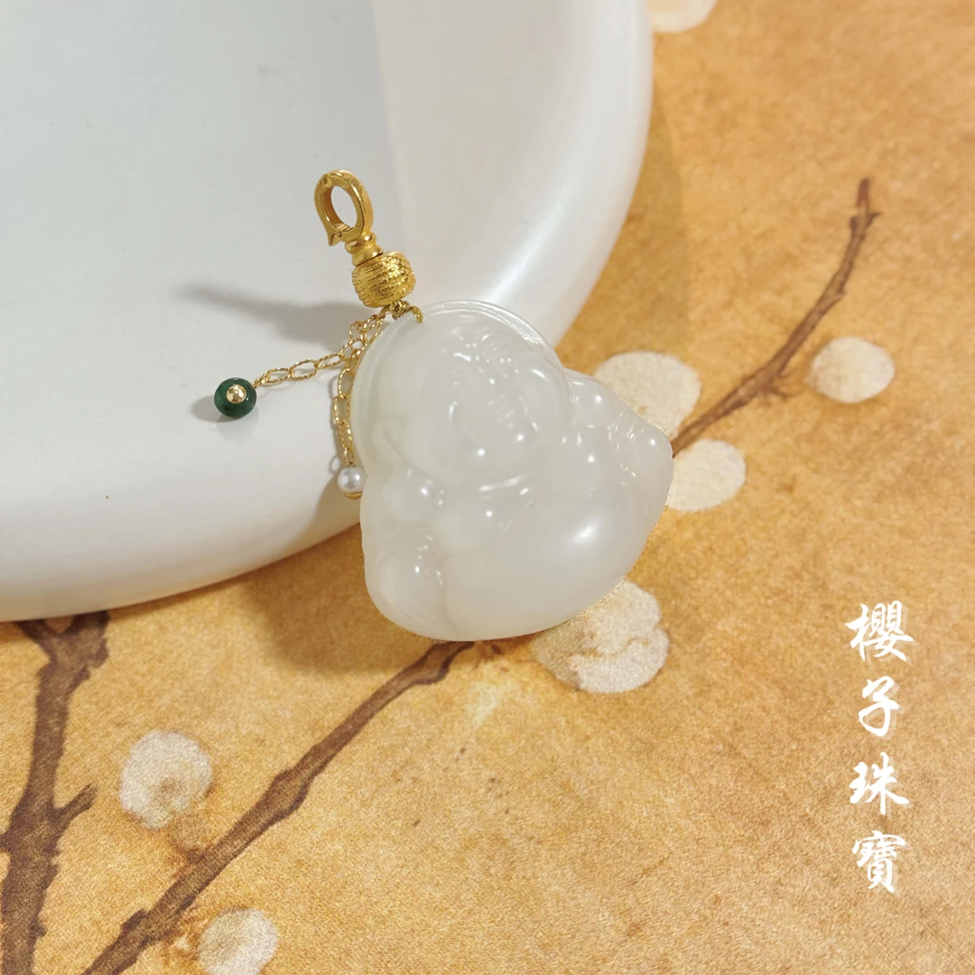 樱子 | 大佛公 和田白玉羊脂白18K金万能扣精工雕刻细腻吊坠挂件