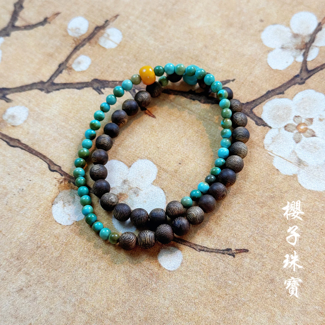 樱子 | 抒音 天然绿松沉香圆珠时尚设计百搭双圈手串*多样发其一