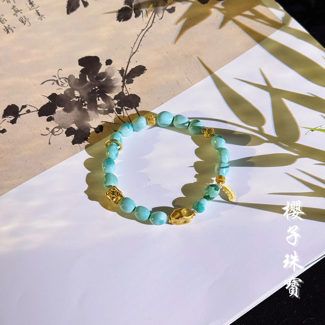 樱子 | 禾观 原矿随形糖豆绿松沉香18K镶时尚设计手串*YZLS1607
