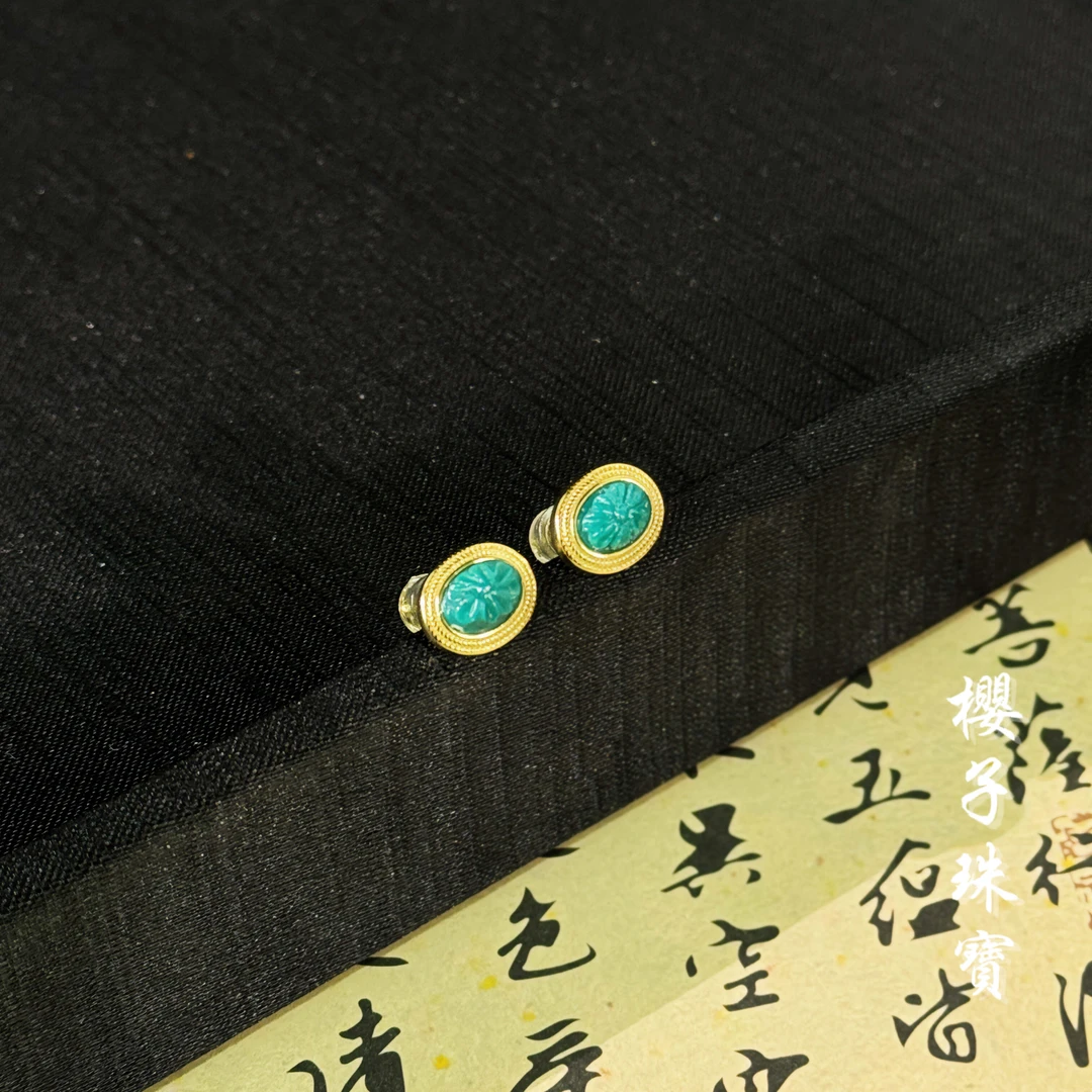 樱子 | 花汐 原矿绿松浮雕花纹绿松石S925银镶时尚百搭精致耳钉