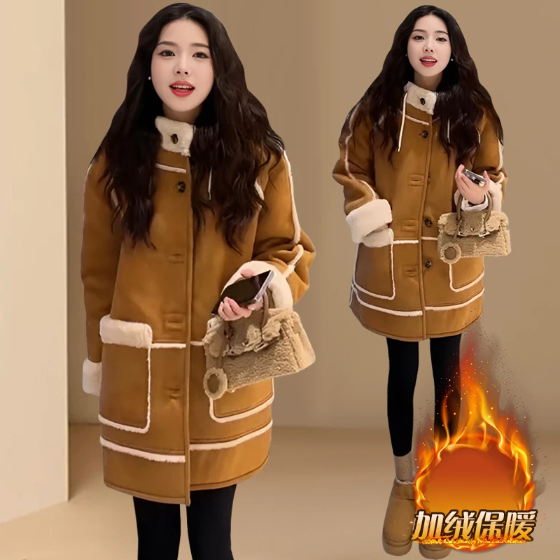 加绒连帽大口袋拼接毛毛外套女2025秋冬新韩系女款毛毛加绒上衣潮
