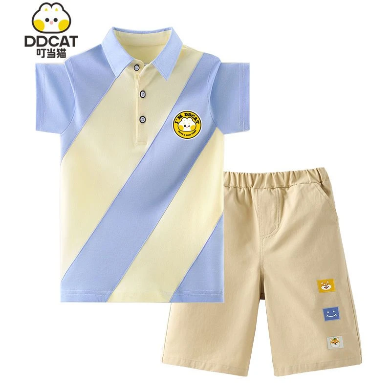 叮当猫男童套装夏装新款中大儿童短袖T恤男孩polo衫纯棉上衣短裤9