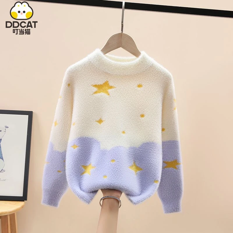 叮当猫女童毛衣加绒加厚冬季新款洋气中大童女孩洋气保暖针织衫潮