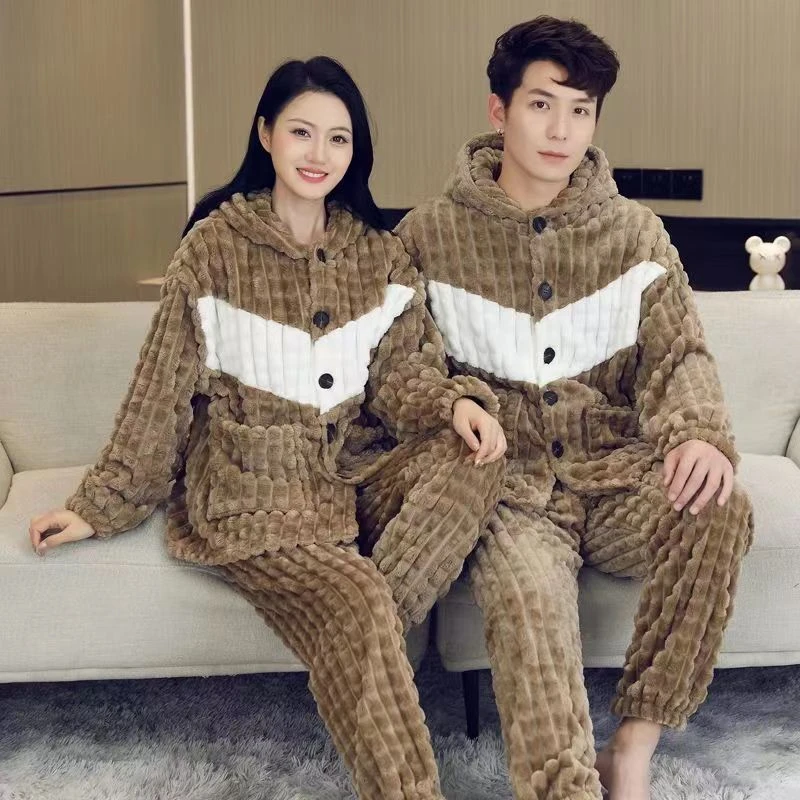 【 清货价格 之前卖69】秋冬季法兰绒连帽情侣款睡衣加绒睡衣家居服