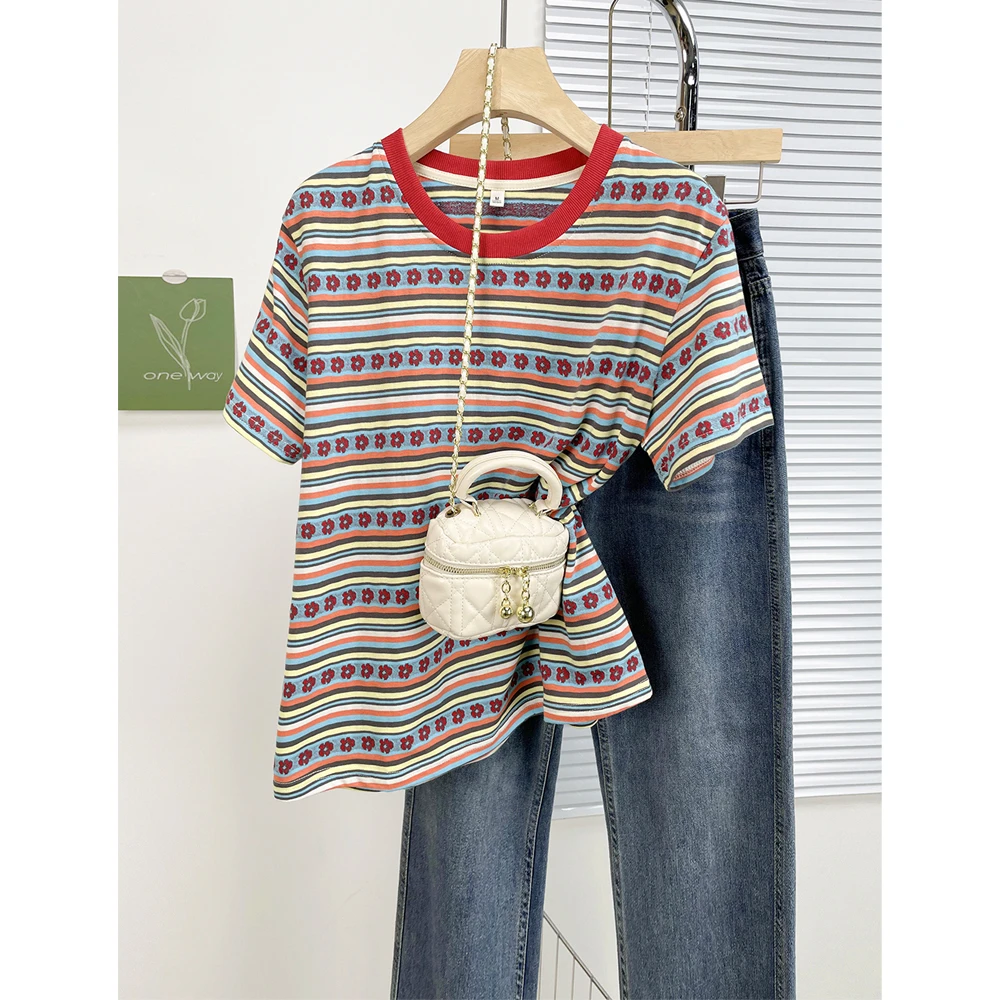 【汀畔提花】2025夏季新款民族风撞色条纹短袖T恤别致宽松休闲女装