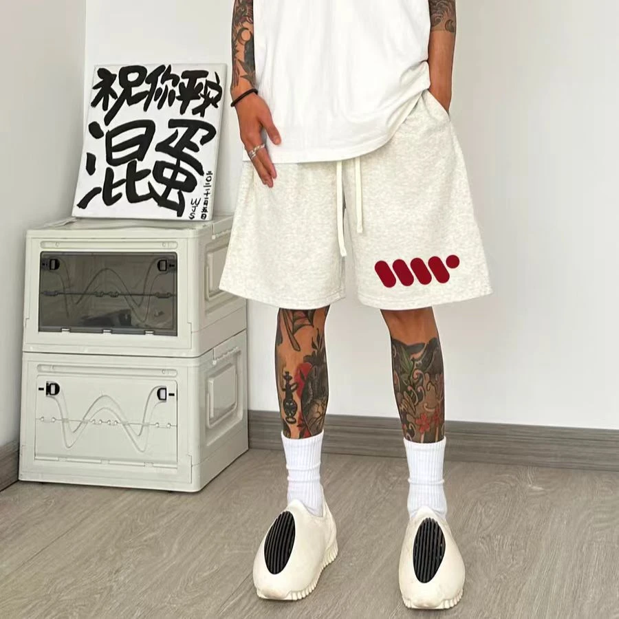 夏季新款白灰色立体图标短裤男美式高街休闲潮牌宽松五分裤