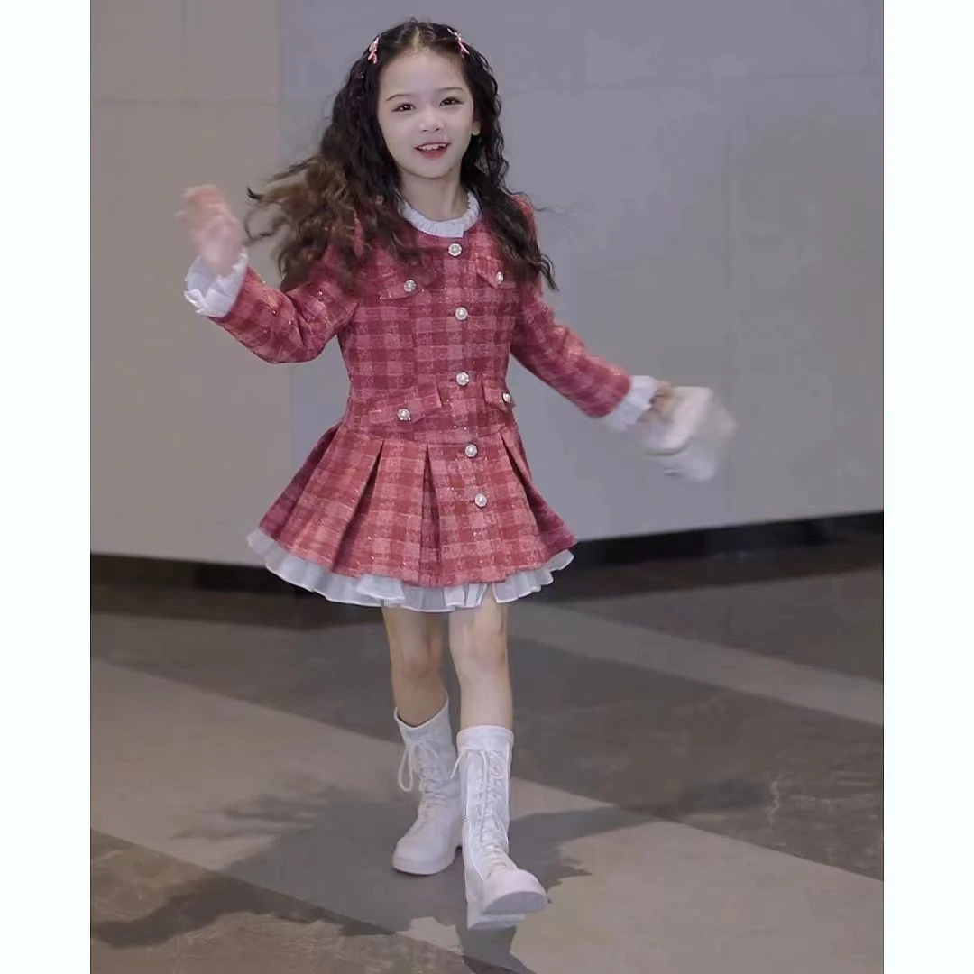 2025新款中大童格子重工加绒加厚长袖公主裙女童冬季小香风连衣裙