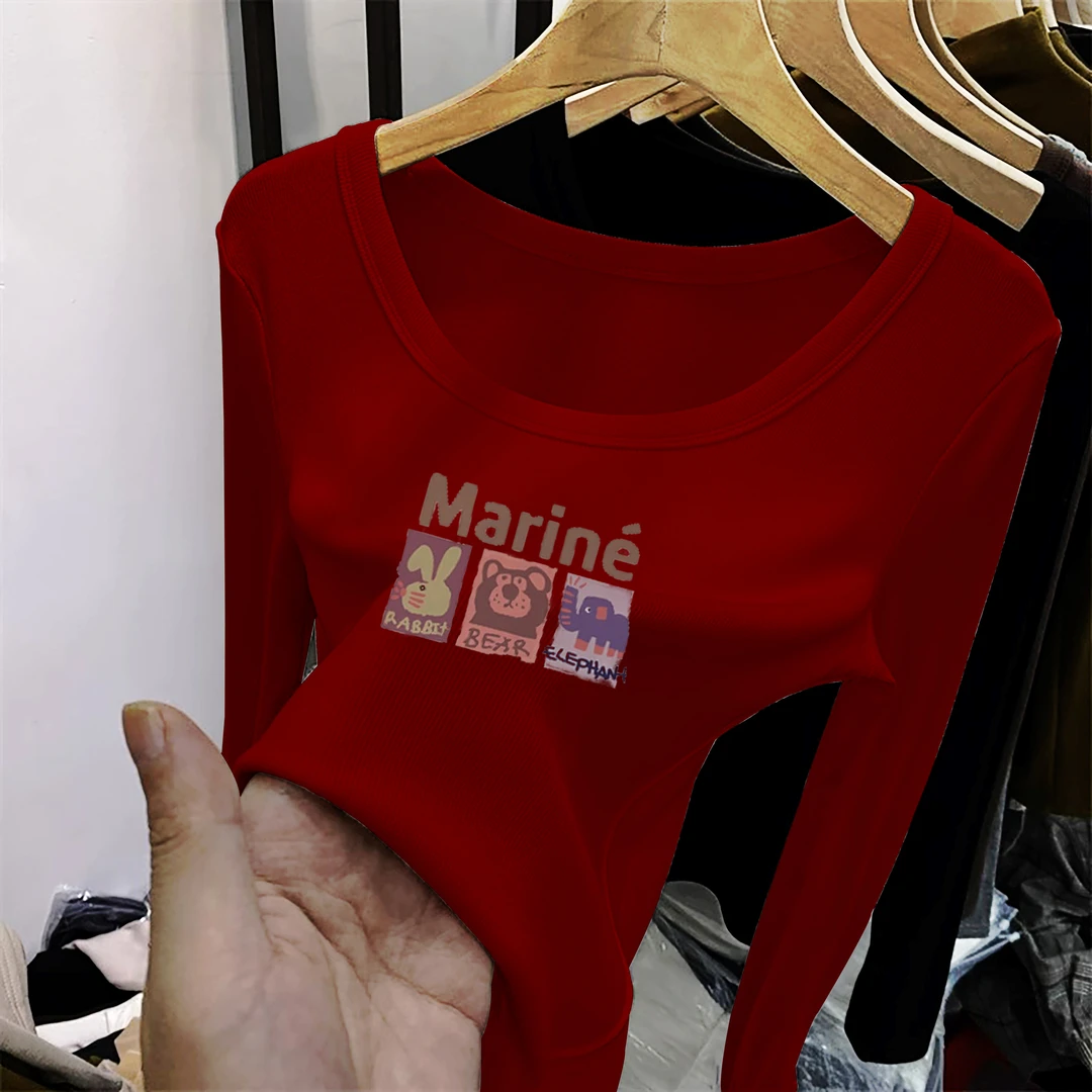 红色u领打底衫女装2023年秋季新款欧货洋气内搭修身上衣长袖t恤