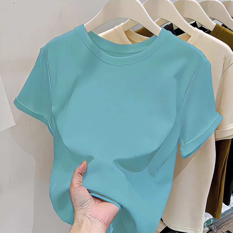 正肩短袖新款t恤女装夏季品质湖蓝色修身打底衫时尚洋气上衣时髦