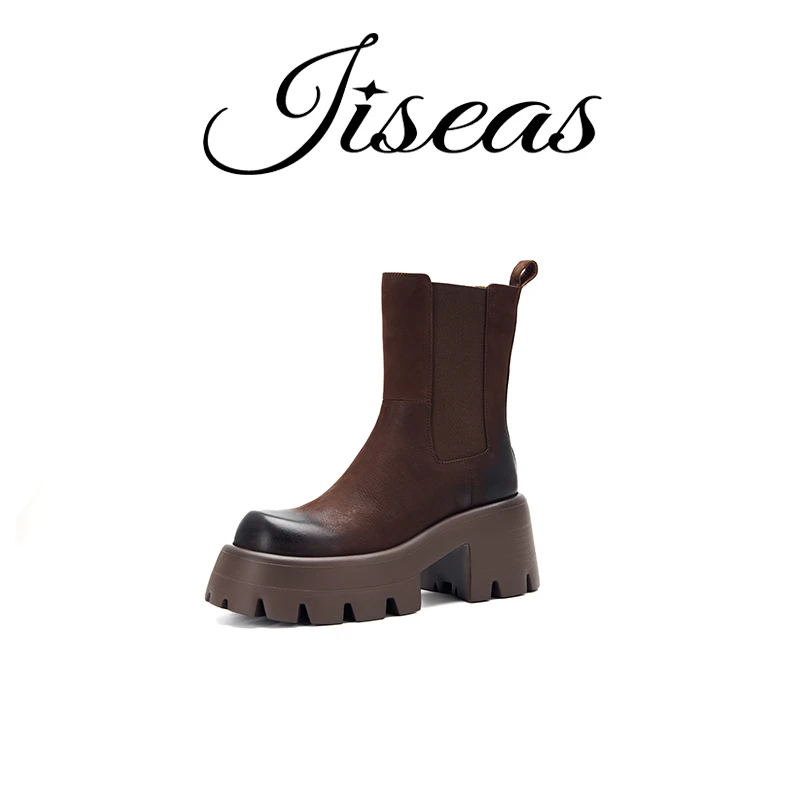 2024年新款油蜡真皮时尚个性厚底切尔西烟筒靴女14D3006