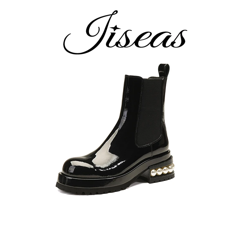 JISEAS新款2024珍珠时尚切尔西靴圆头短靴粗跟皮靴女靴13D1026