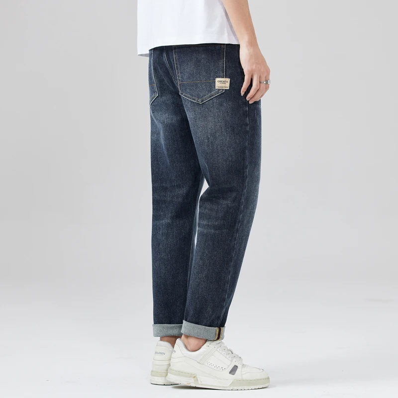 【旗哥定制】2024春秋季新款复古深蓝色水洗弹力牛仔裤男直筒长裤子
