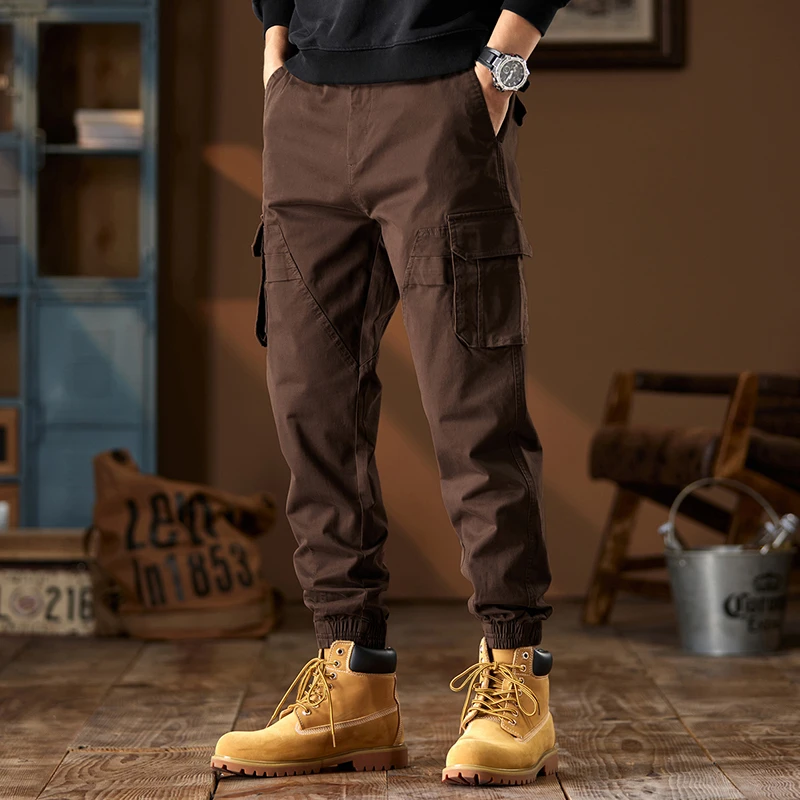 【旗哥潮】美式咖啡色工装裤男束脚裤多袋百搭户外修身休闲裤子潮流