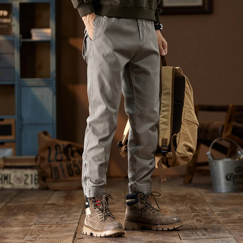 【旗哥潮】美式浅灰色工装裤男束脚多口袋百搭户外修身休闲裤子潮流