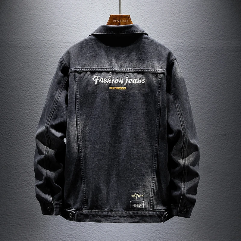 【旗哥定制】春季高端黑灰色牛仔夹克男装刺绣外套宽松上衣服褂子