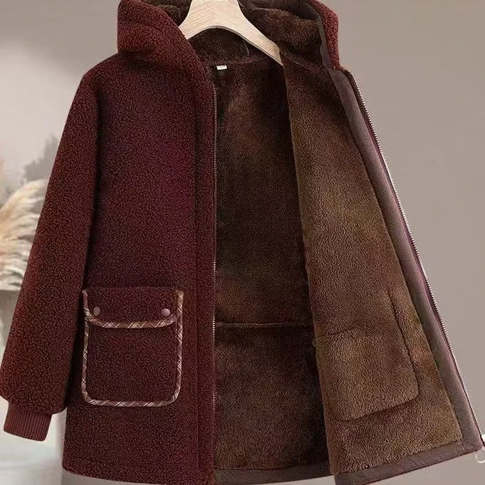 精致妈妈中年保暖加绒加厚连帽拉链收袖外套 中老年气质冬季宽松