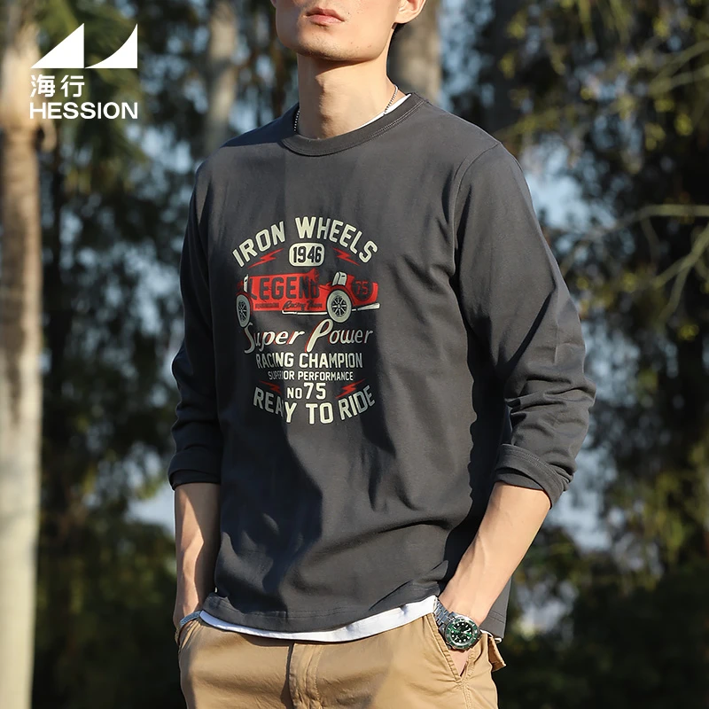 海行300g重磅纯棉圆领长袖t恤男 2025秋季新款美式复古内搭打底衫