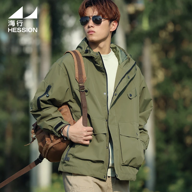海行军绿色三防冲锋外套男2025秋季新款户外徒步登山防水连帽夹克