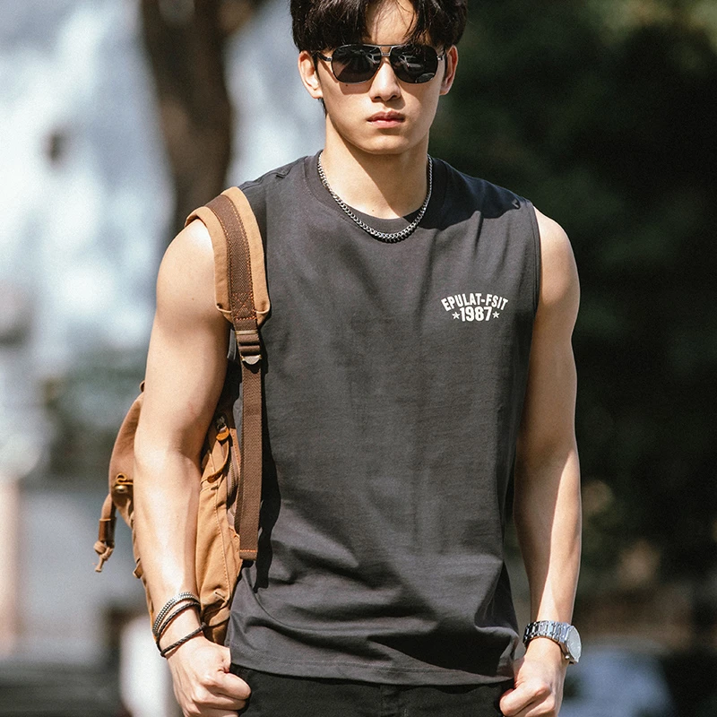 海行灰色无袖宽肩T恤男夏季训练透气吸汗外穿背心复古高能感汗衫