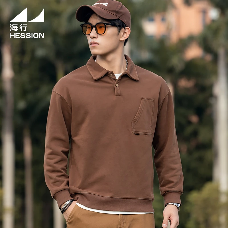 海行咖色420g重磅polo领卫衣2025年秋季新款户外加厚复古翻领外套