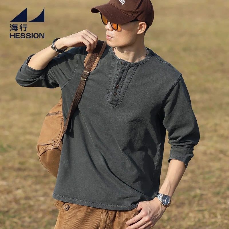 海行深灰色330G重磅纯棉亨利领T恤男 2025秋季新款做旧长袖打底衫