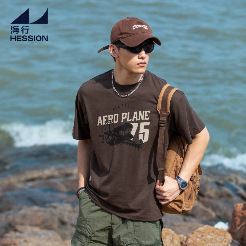 海行咖啡色纯棉复古印花T恤男夏季户外百搭美式半袖潮流圆领短袖