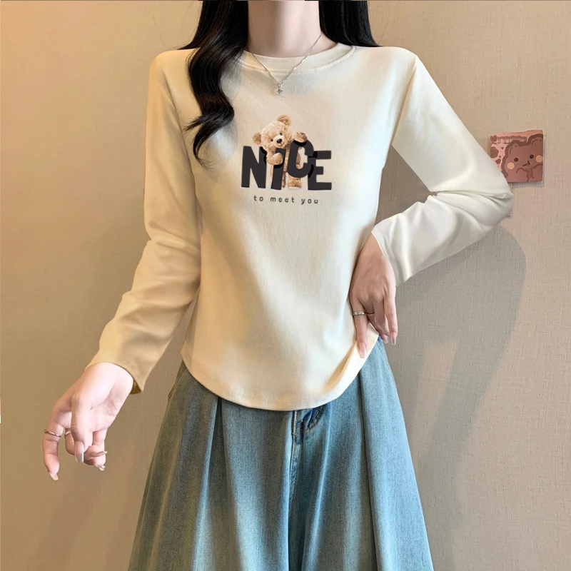 长袖T恤女士纯欲风辣妹修身ins印花上衣2024秋季新款设计感百搭