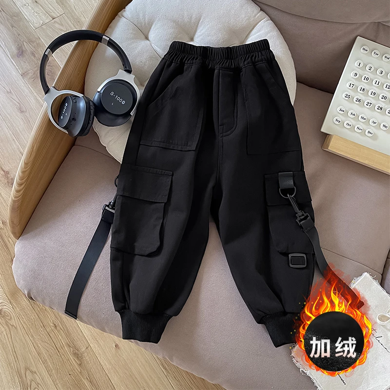 男童一体绒工装裤子2023秋冬新款潮男宝宝洋气休闲裤加厚加绒长裤