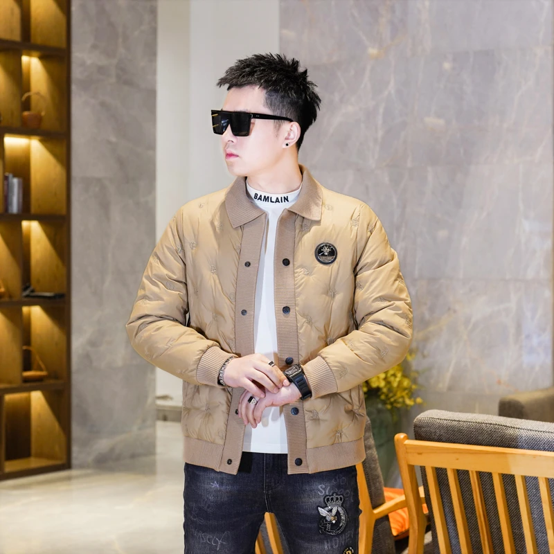 冬季新款男士针织拼接翻领刺绣白鸭绒羽绒服外套百搭保暖痞帅上衣