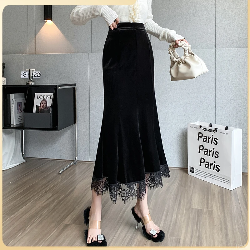 垂坠新款金丝绒半身裙女蕾丝包臀裙秋季鱼尾裙韩版感2025高腰显瘦