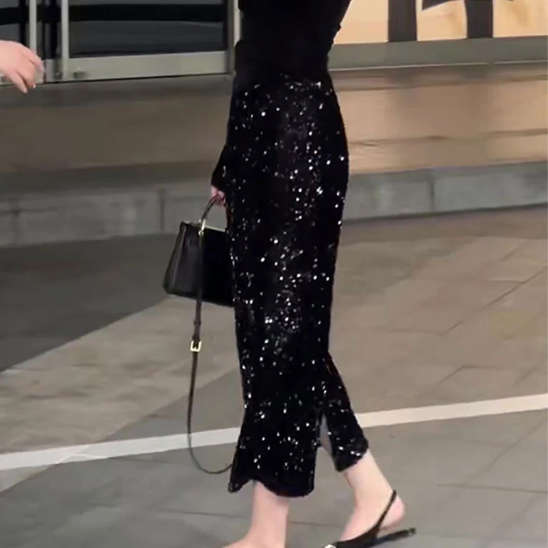 黑色金丝绒亮片半身裙女秋季2024新款显瘦开叉高级感长款包臀裙子