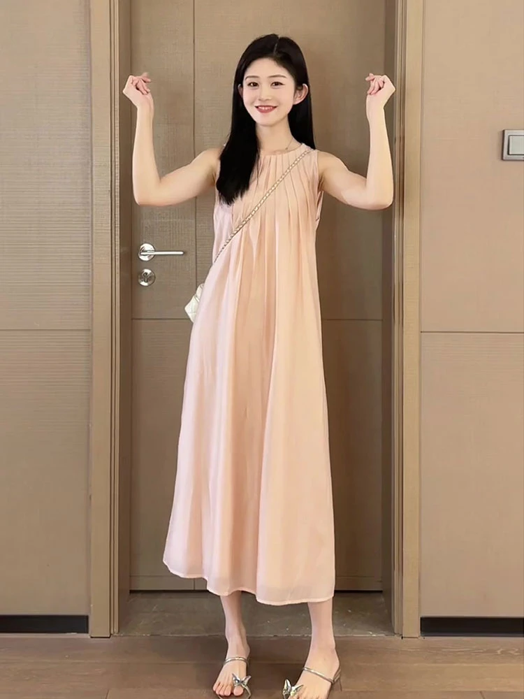 法式宽松收腰显瘦炸街衣服甜美可爱无袖中长背心春游连衣裙女装女